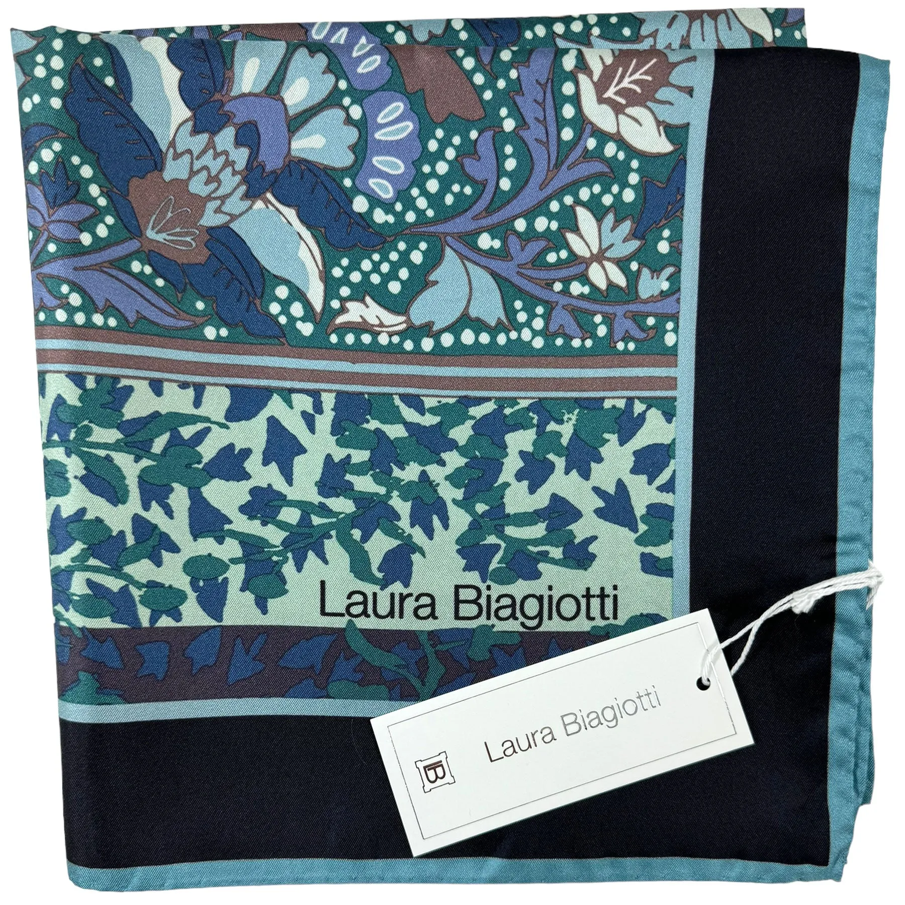 Laura Biagiotti Scarf Floral Dark Blue Taupe Brown - Square Silk Foulard