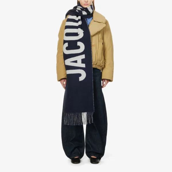 L'echarpe wool scarf with Jacquemus tassels, navy blue