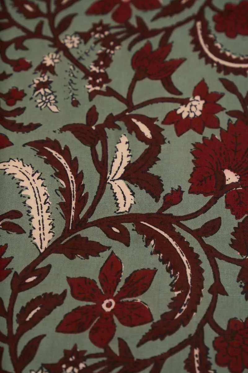 Light Teal  Pure Cotton With Maroon Floral Printed Fabric