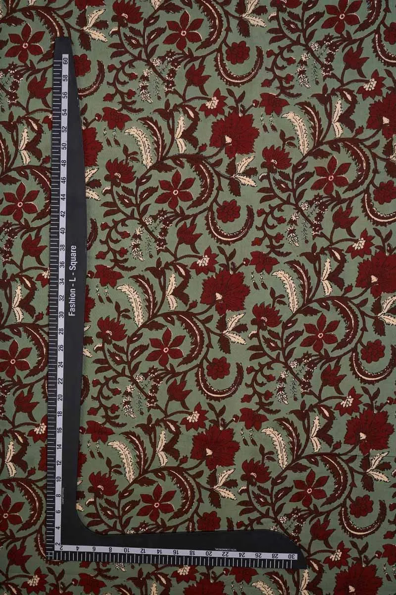 Light Teal  Pure Cotton With Maroon Floral Printed Fabric