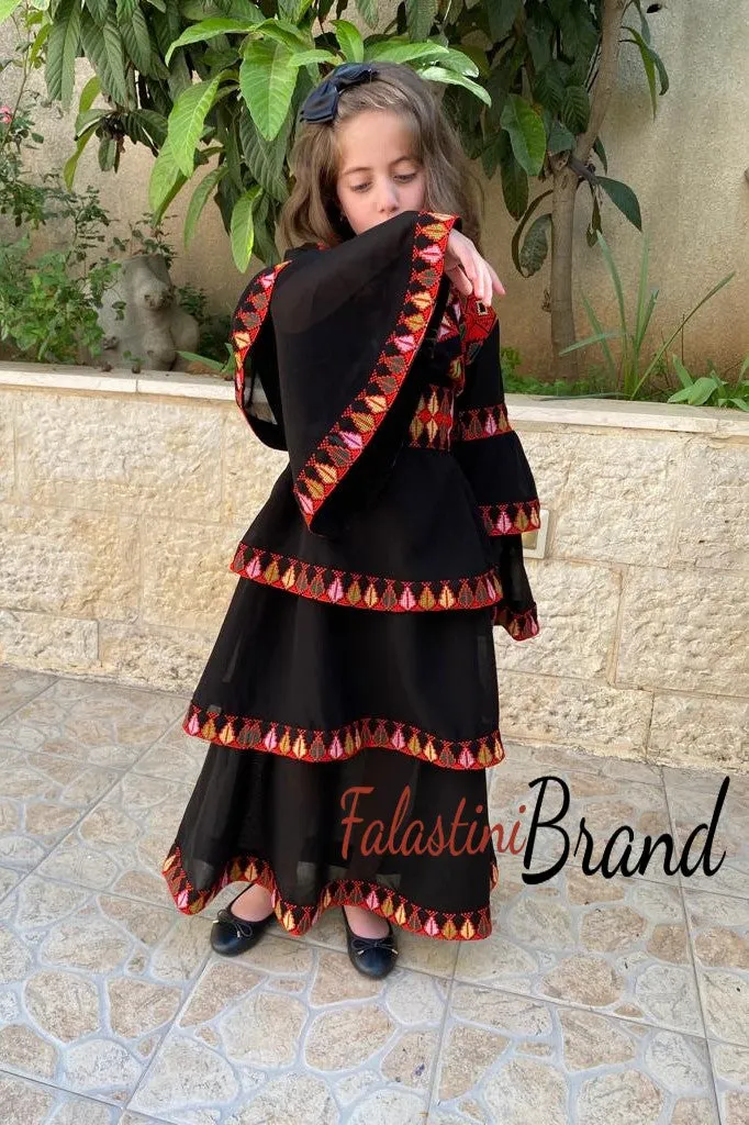 Little Girls Black and Red Ruffled Embroidered Spanish Like Dress