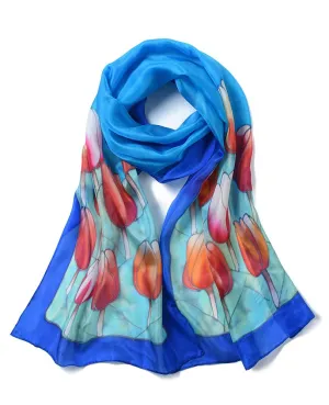 Long Hand Painted Silk Scarf - Tulips