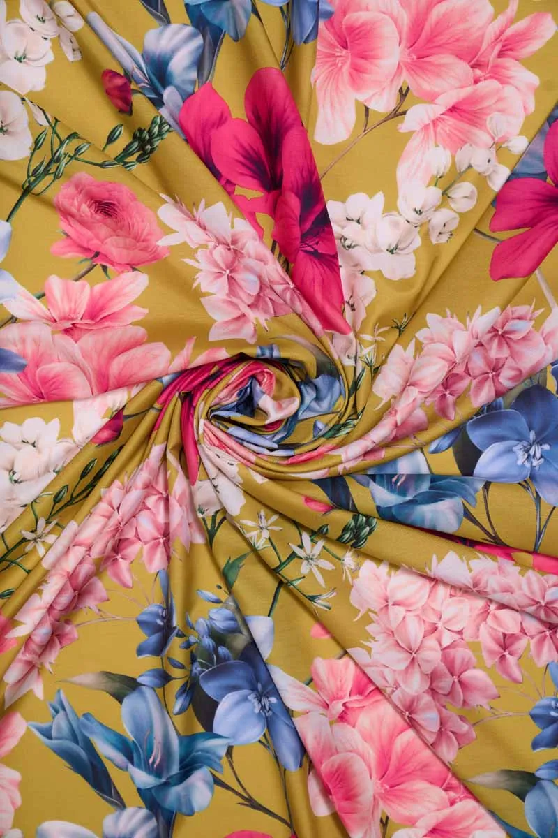 Lovely Mustard Floral Pattern Printed Muslin Fabric