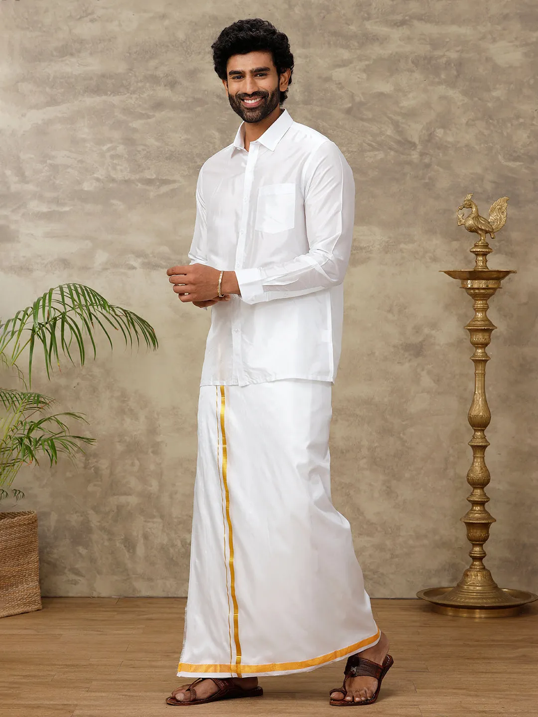 Men Pure Silk White 3/4" inch Dhoti & Shirting Purna Mithra