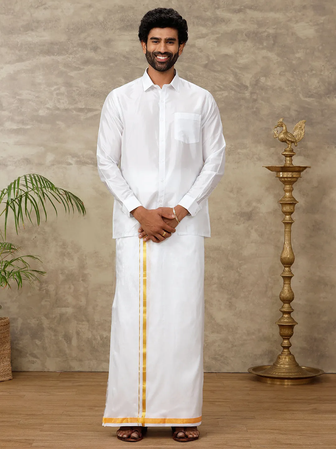 Men Pure Silk White 3/4" inch Dhoti & Shirting Purna Mithra