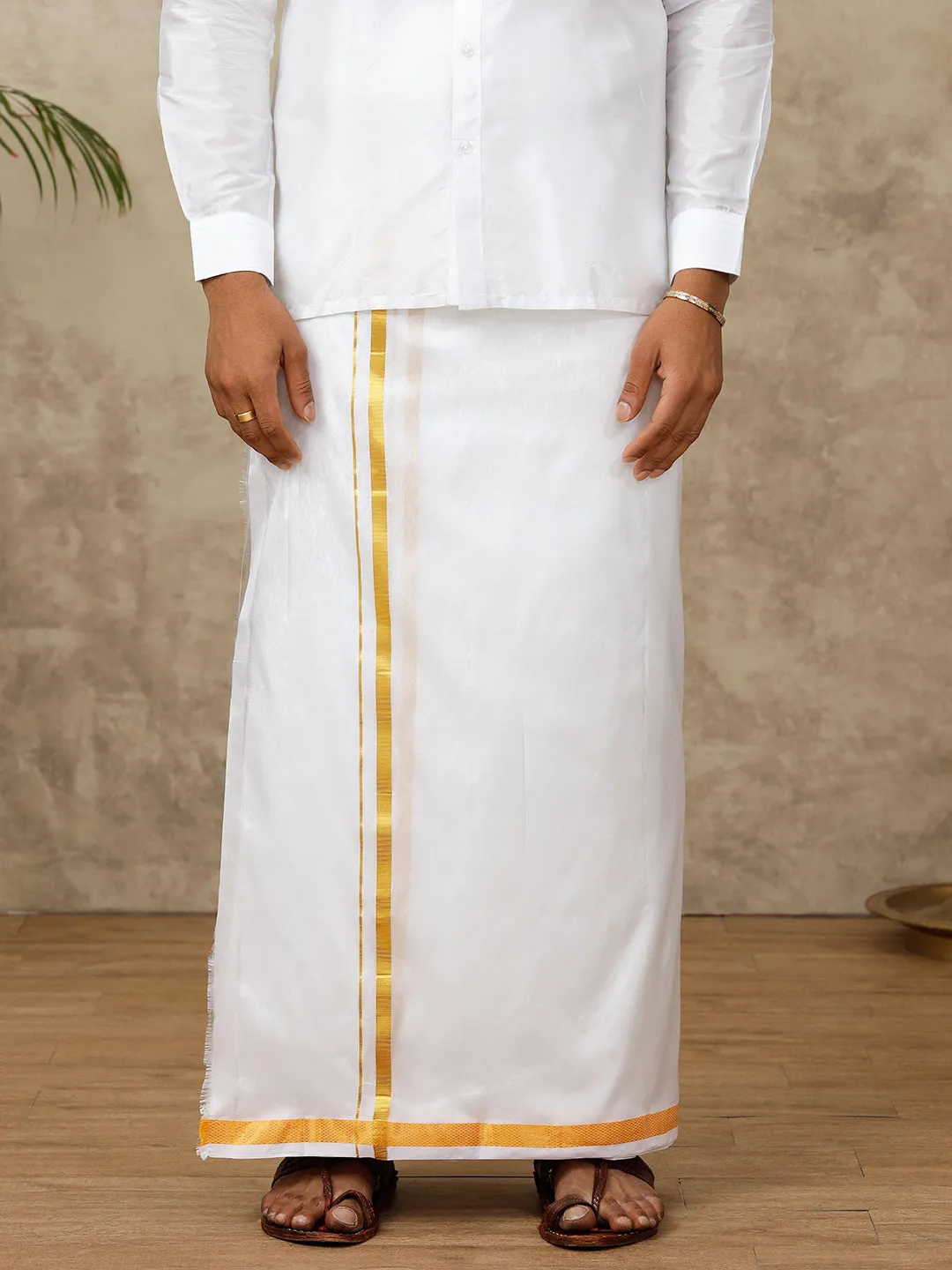 Men Pure Silk White 3/4" inch Dhoti & Shirting Purna Mithra