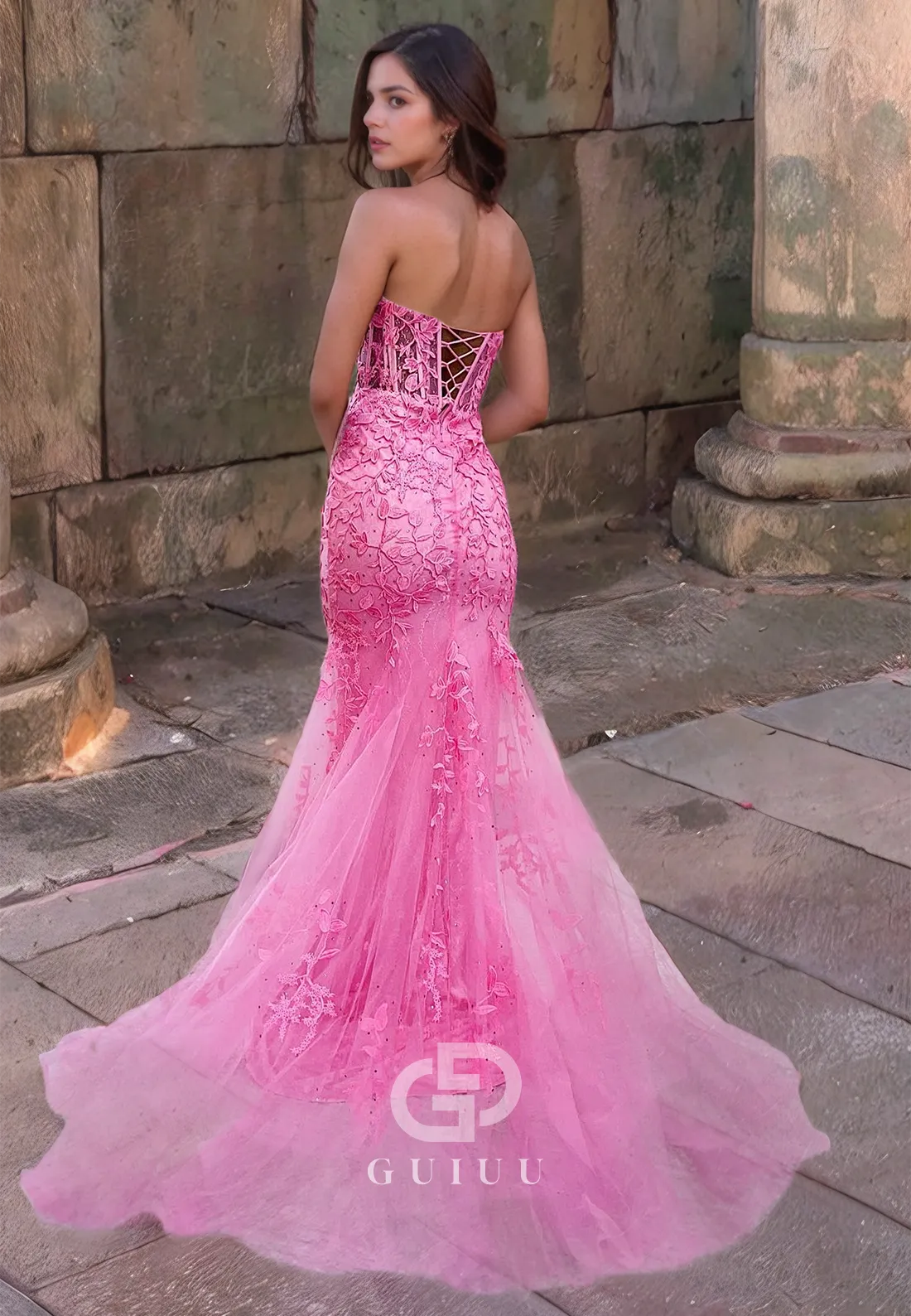 Mermaid Strapless Sleeveless Appliques Long Prom Dress with Train