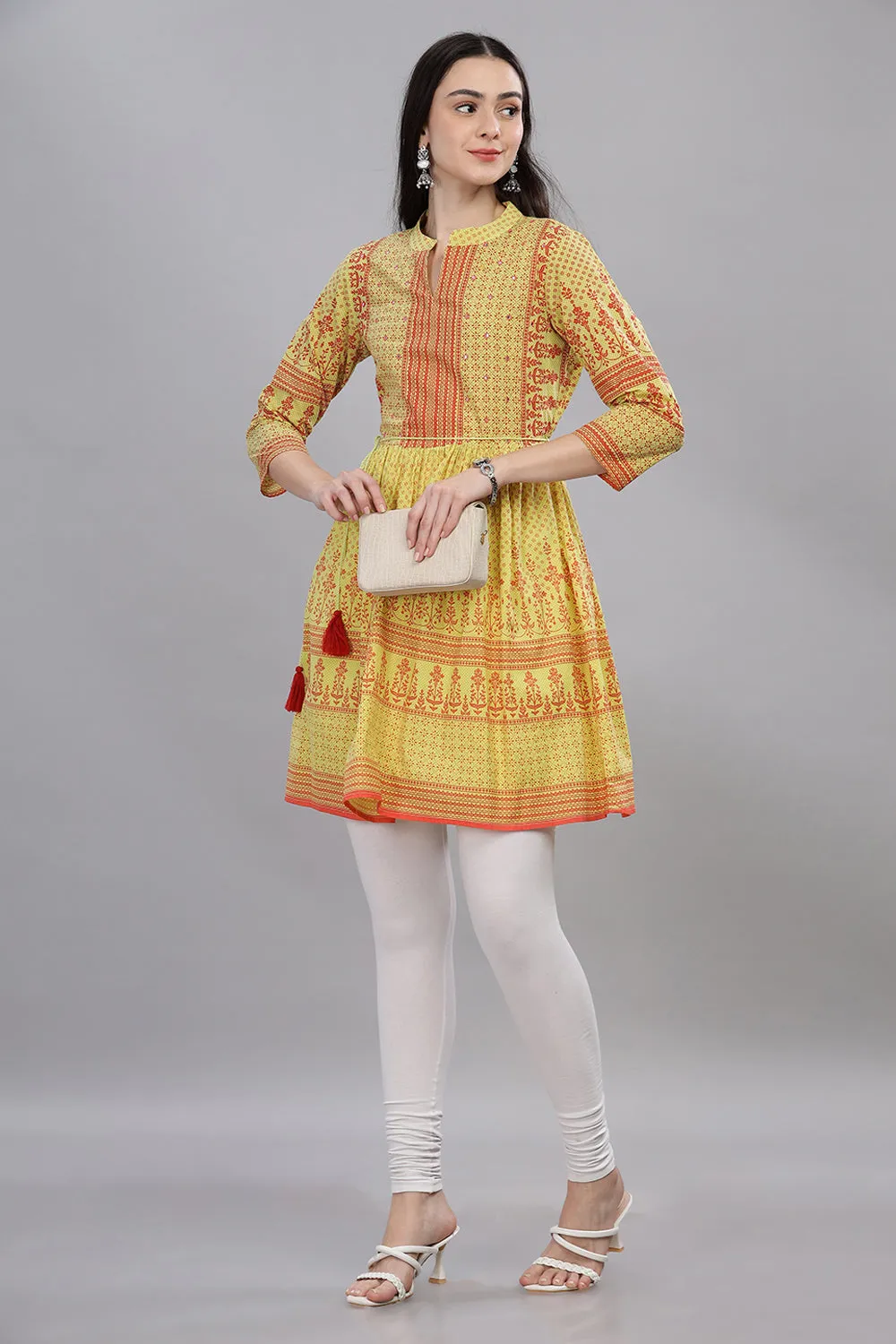 Mythri Office Wear Women's Short Kurta V Neck with 3/4th Sleeves  - Yellow - TO06