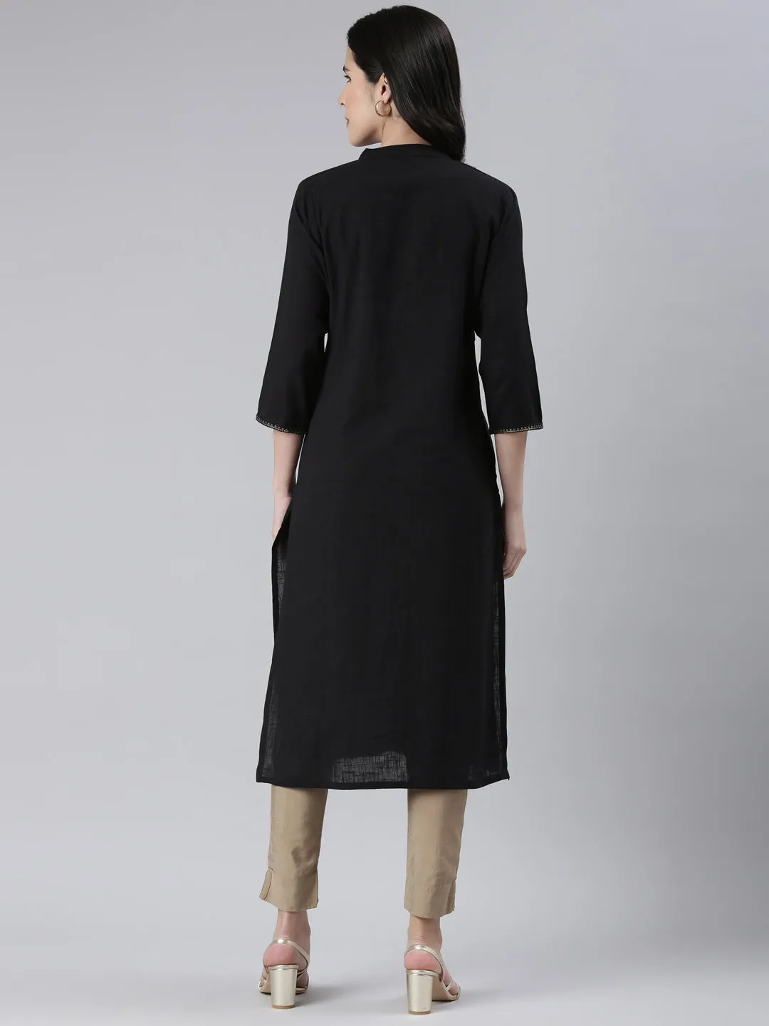 Neeru's Black Straight Solid Cotton Kurtas