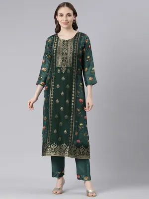 Neerus Green Raw Silk Straight Casual Floral Kurta Sets