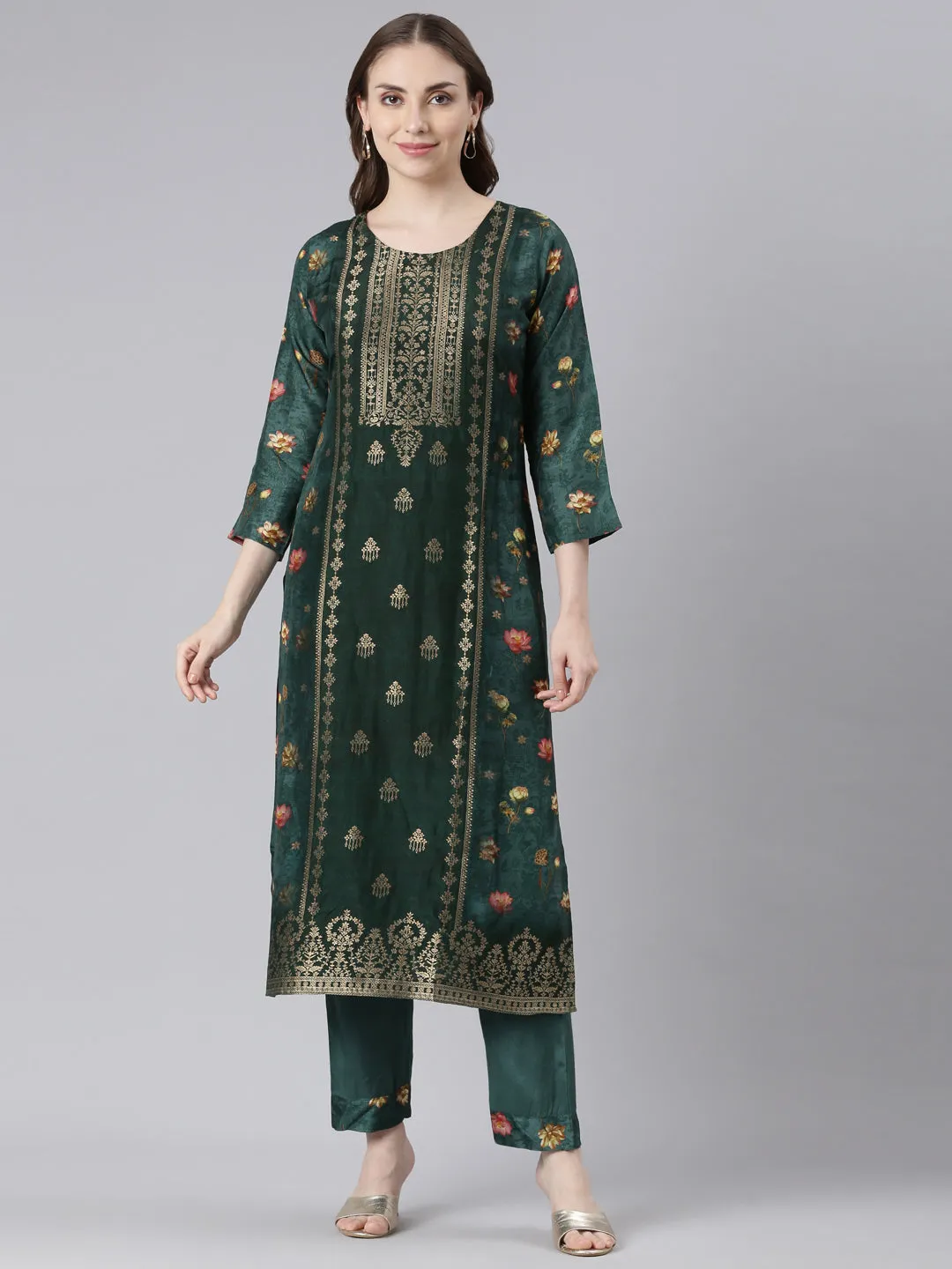 Neerus Green Raw Silk Straight Casual Floral Kurta Sets