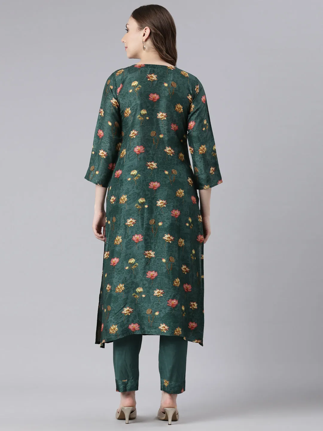 Neerus Green Raw Silk Straight Casual Floral Kurta Sets