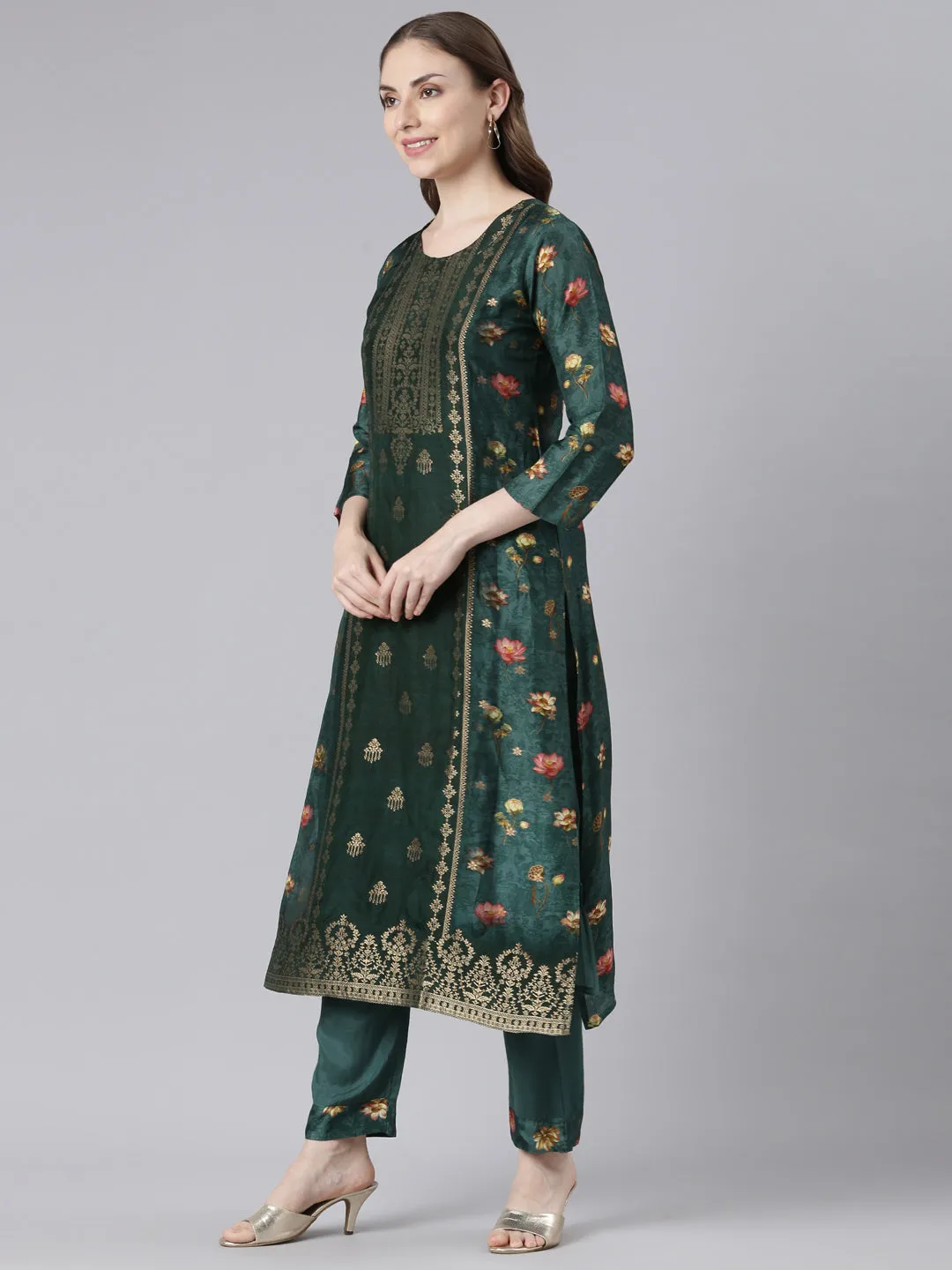 Neerus Green Raw Silk Straight Casual Floral Kurta Sets