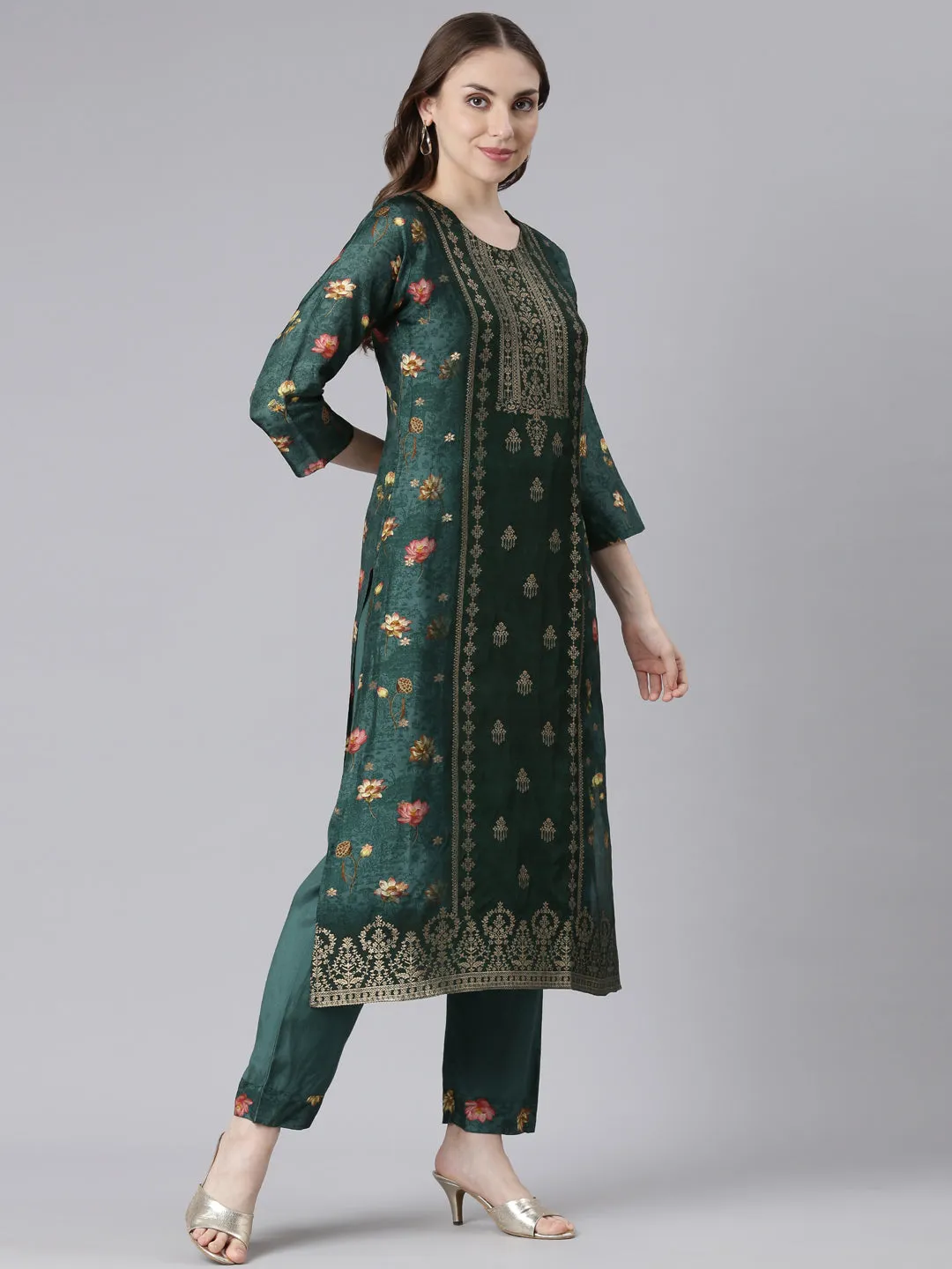 Neerus Green Raw Silk Straight Casual Floral Kurta Sets