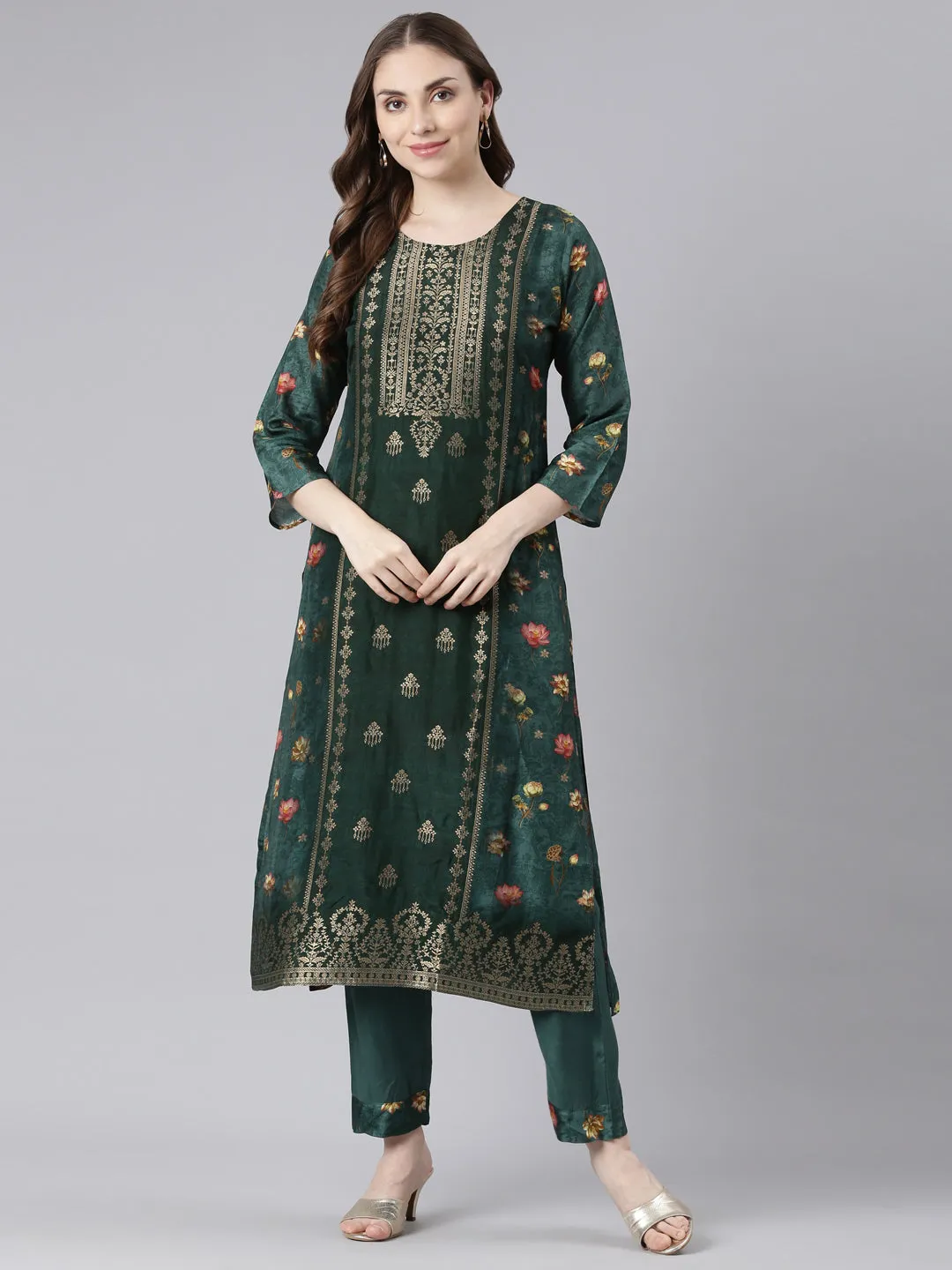 Neerus Green Raw Silk Straight Casual Floral Kurta Sets