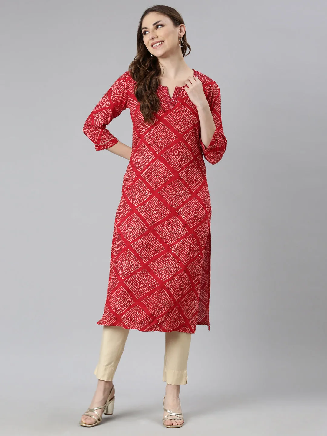 Neerus Red Panelled Straight Bandhani Kurtas