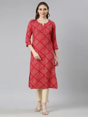 Neerus Red Panelled Straight Bandhani Kurtas