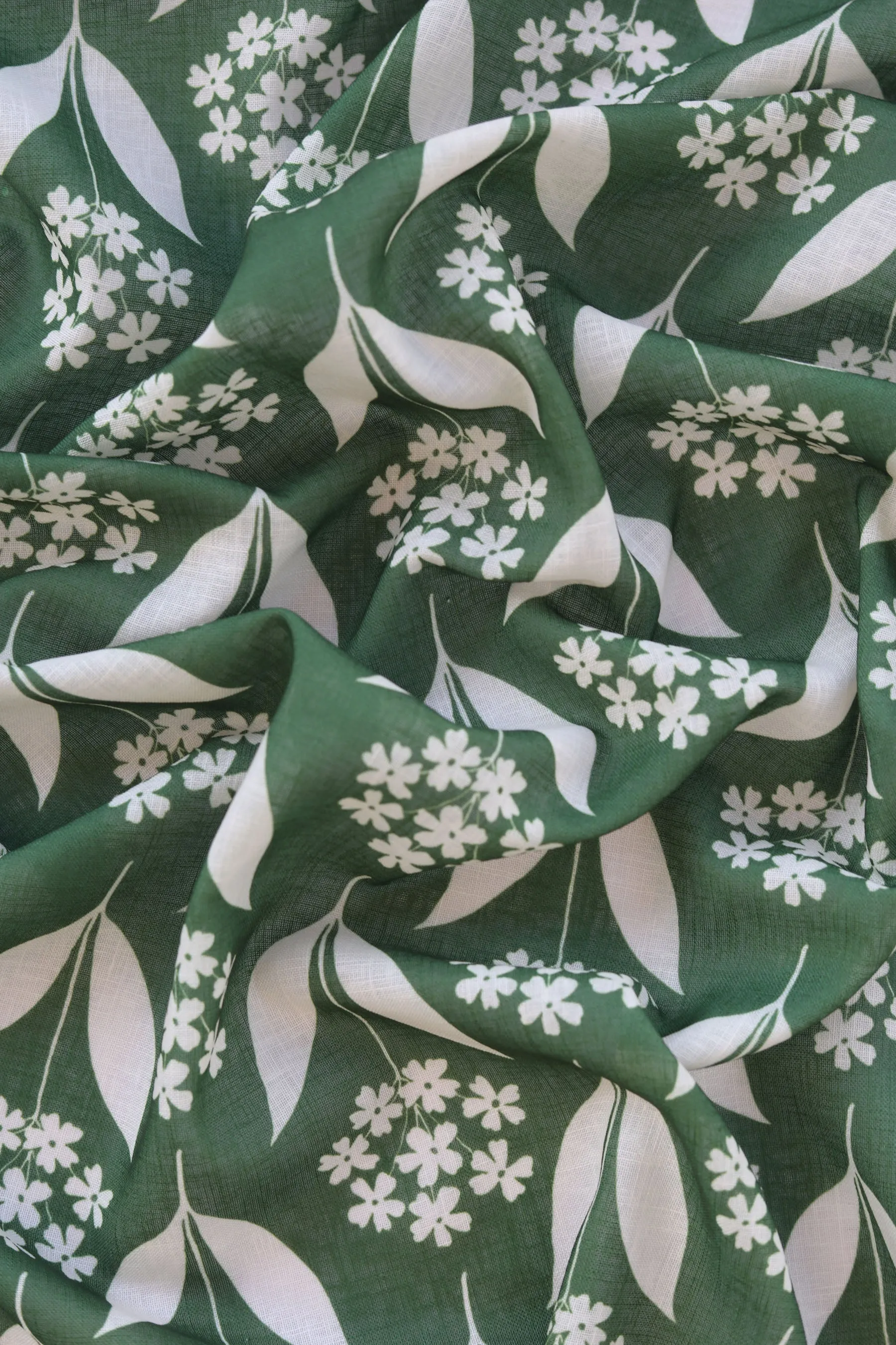 Olive Green Floral Pattern Printed Eco Poly Linen Fabric