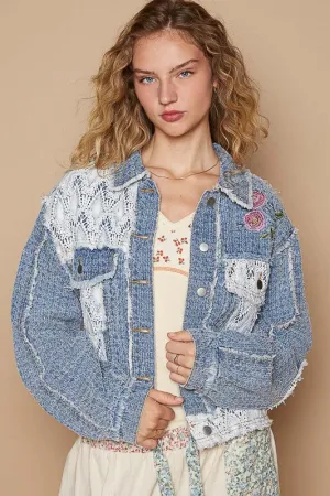 POL Women's Dusty Blue Crochet Patch Embroidered Button Up Jacket