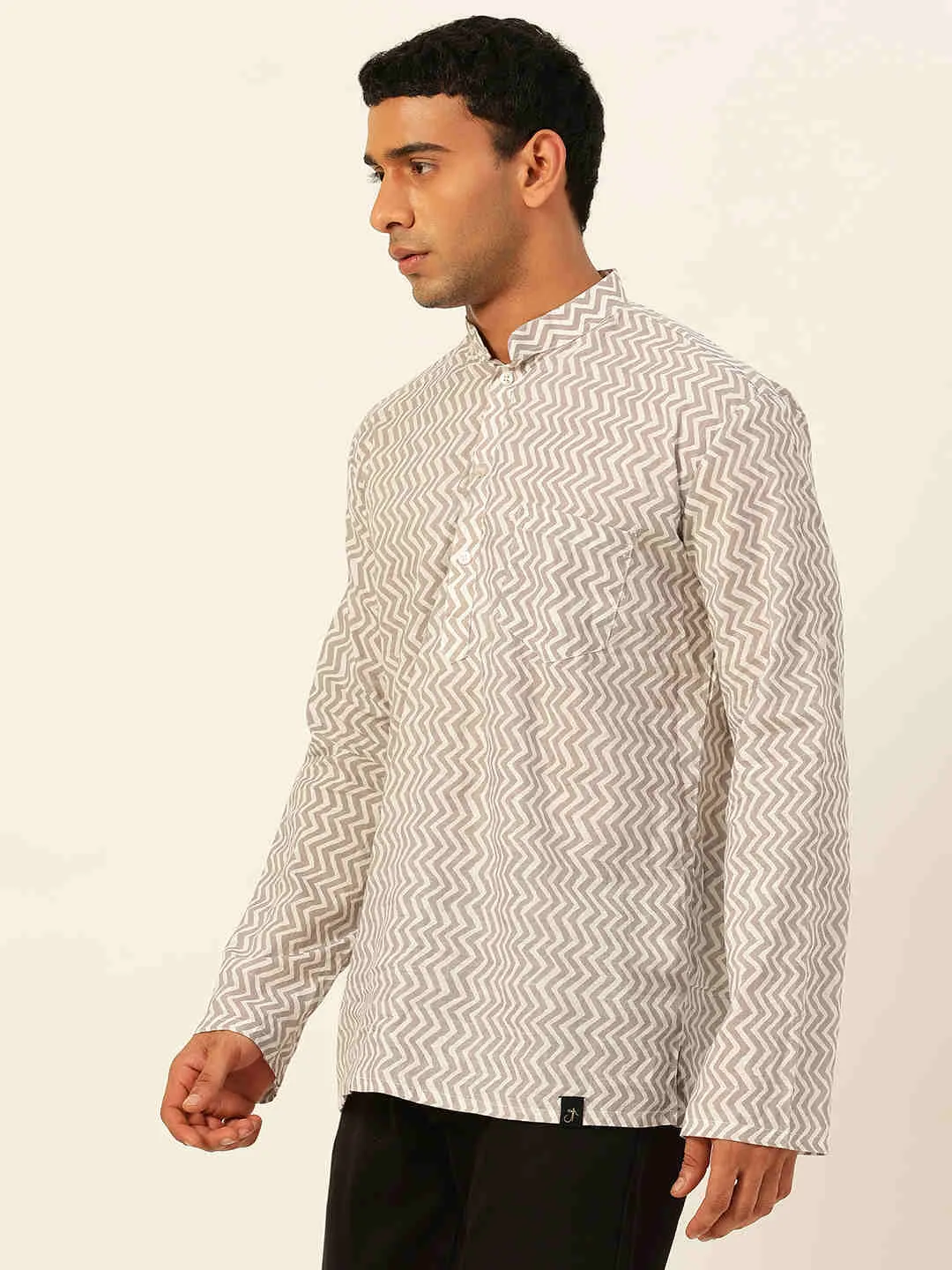 Premium White & Grey Zig Zag Handblock Printed Short Kurta