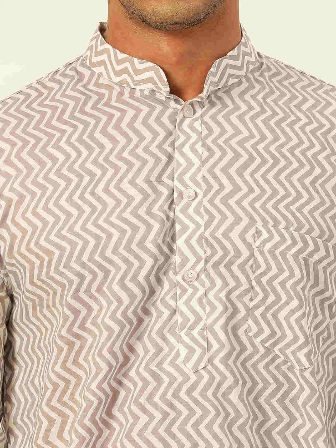 Premium White & Grey Zig Zag Handblock Printed Short Kurta