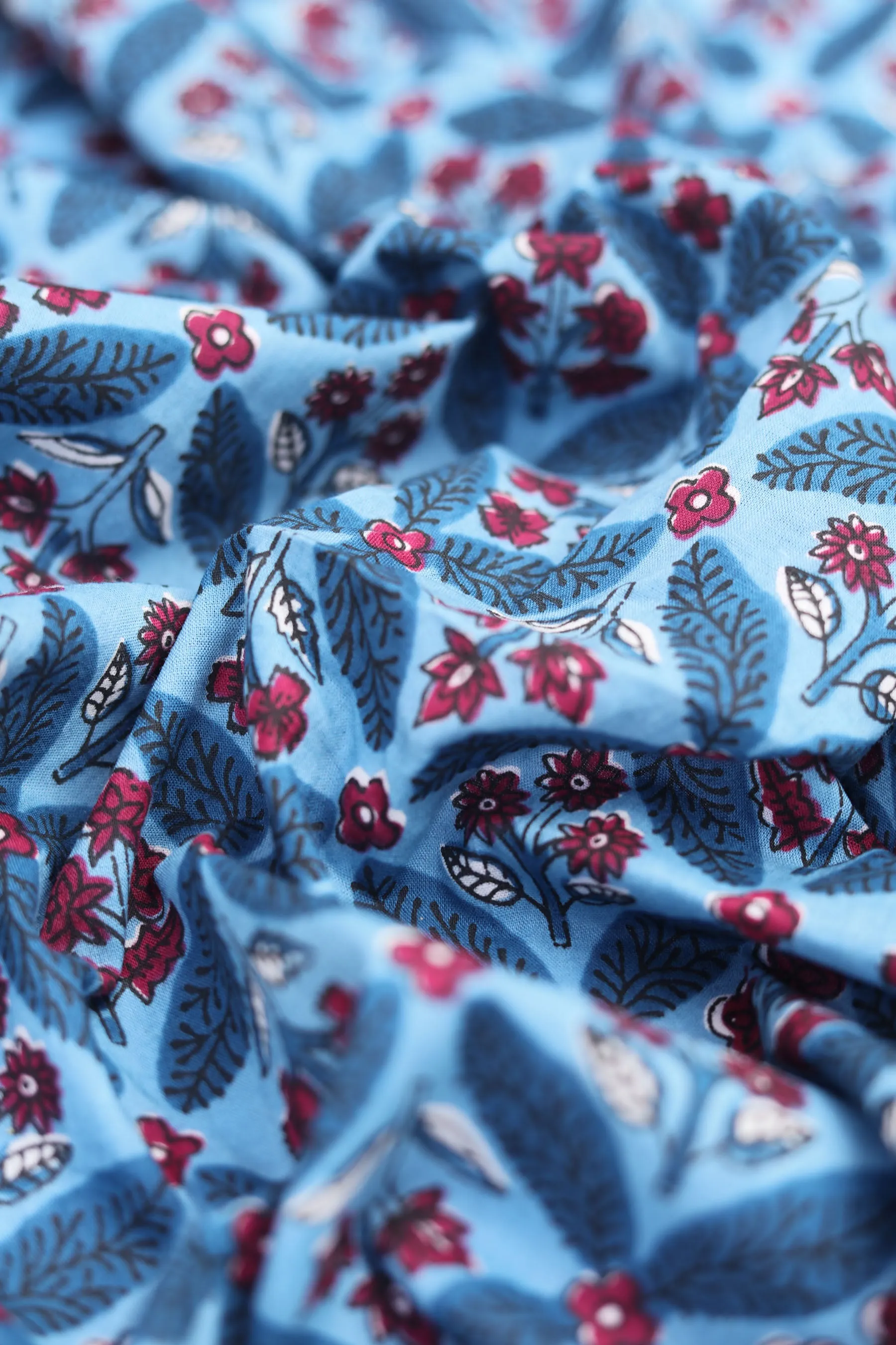 Pure Cotton Indigo Blue Floral Hand Block Printed Fabric