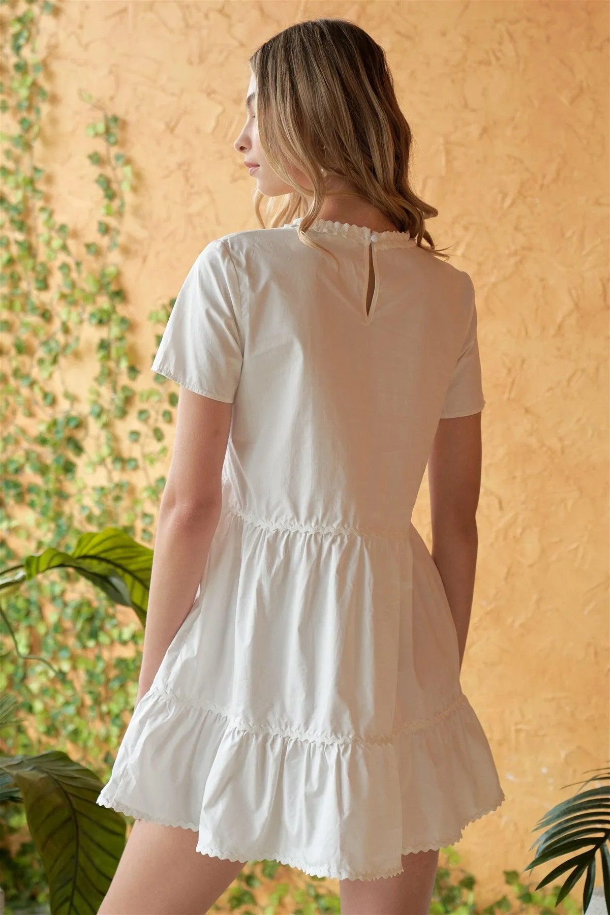 Pure Innocence White Short Sleeve Frill Hem Round Neck Loose Fit Tiered Babydoll Mini Dress /1-2-2-1