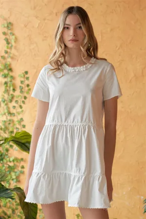 Pure Innocence White Short Sleeve Frill Hem Round Neck Loose Fit Tiered Babydoll Mini Dress /1-2-2-1