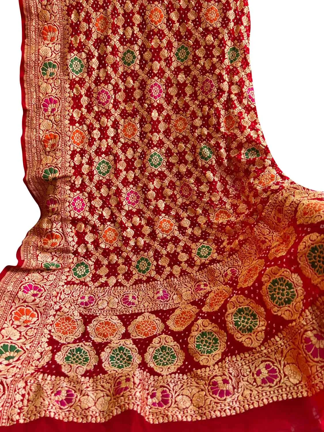 Red Banarasi Bandhani Georgette Meenakari Dupatta