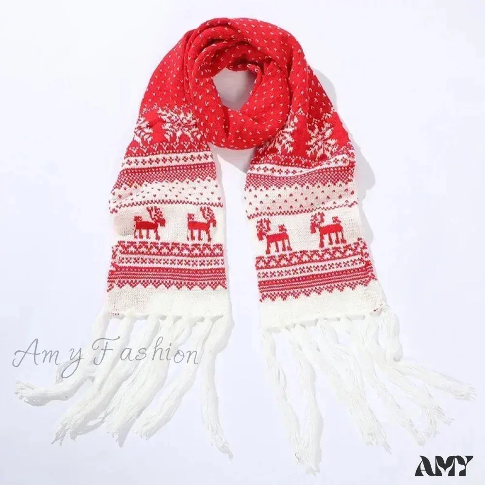 Red Cartoon Reindeer Snowflake Warm Scarf for Christmas