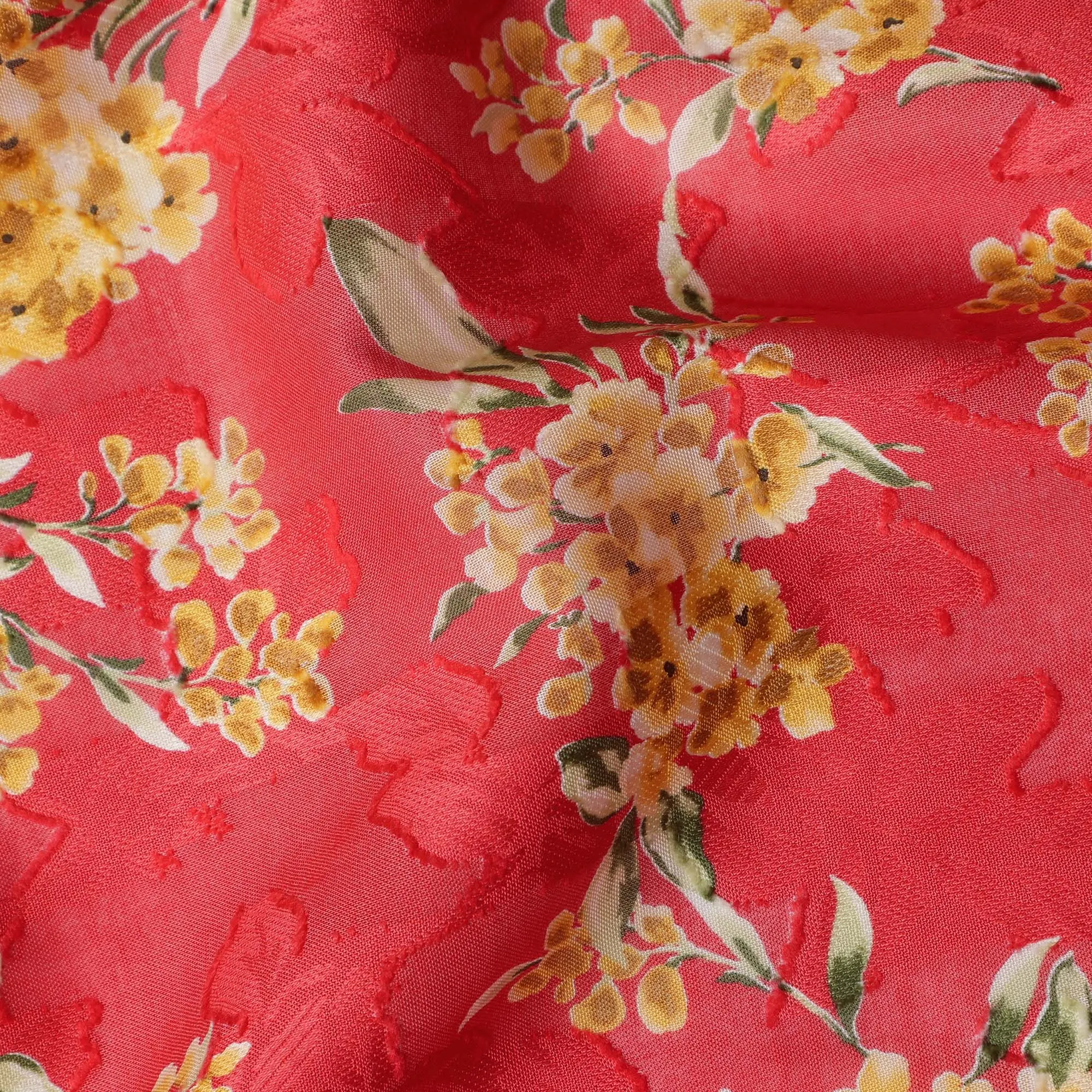 Red Japanese Cotton Voile Fabric, Yellow Floral Print, 110 cm Width-D20916