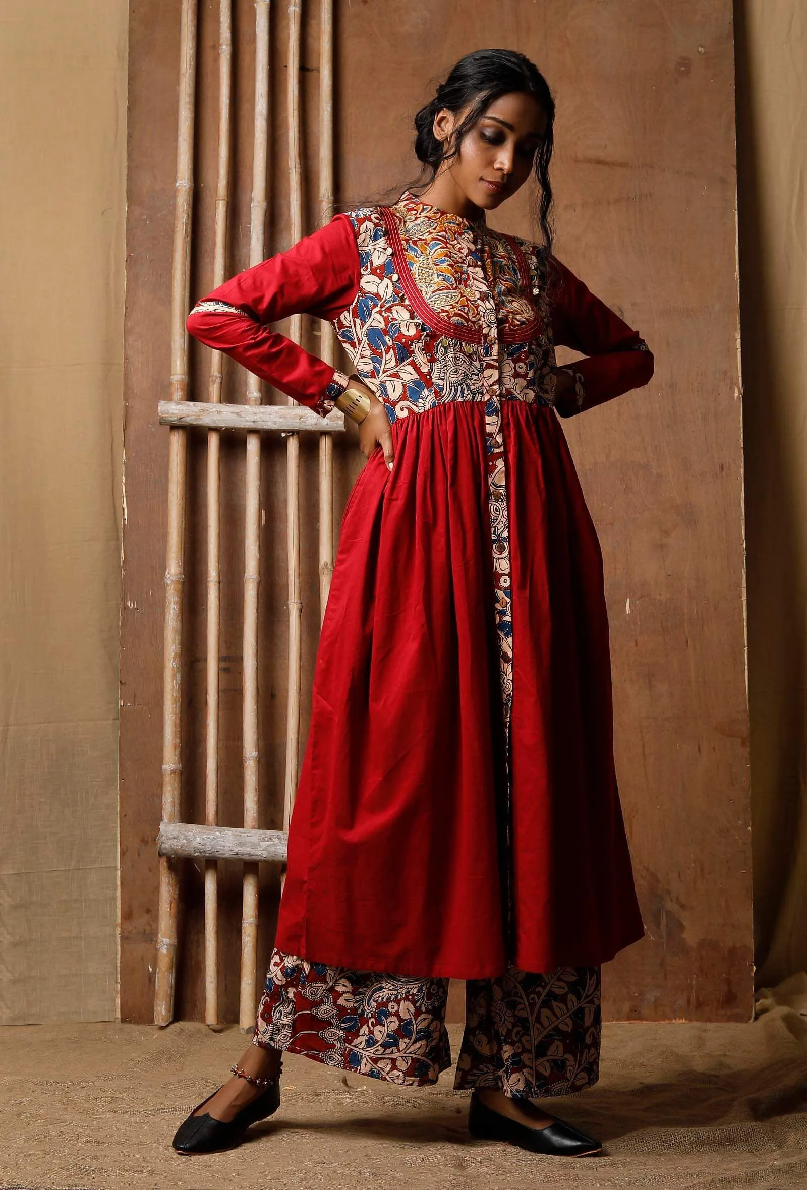 Red Kalamkari Printed Kurta With Coin Detail