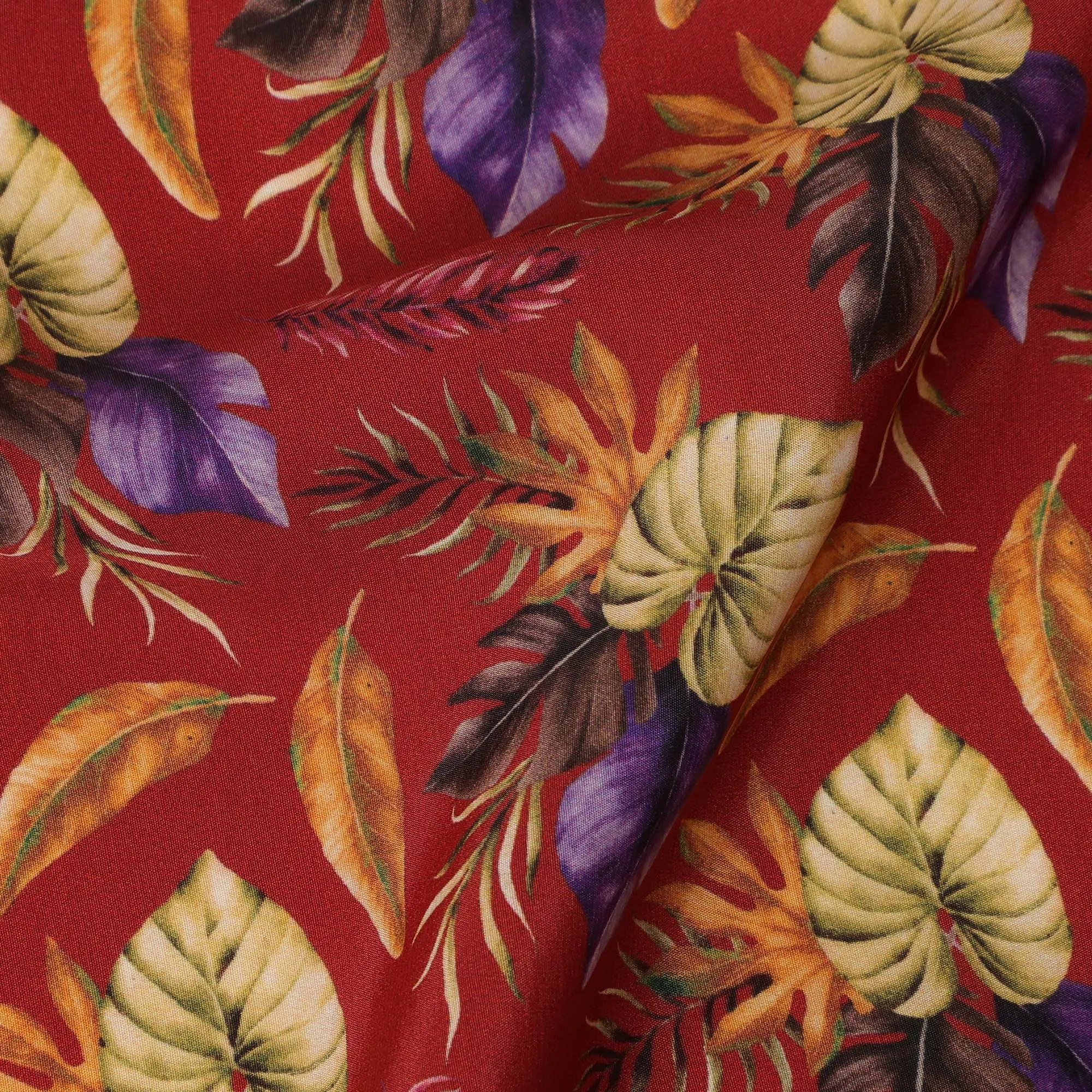 Red Viscose Fabric with Multicolor Leaf Digital Print, 110 cm Width-D20640