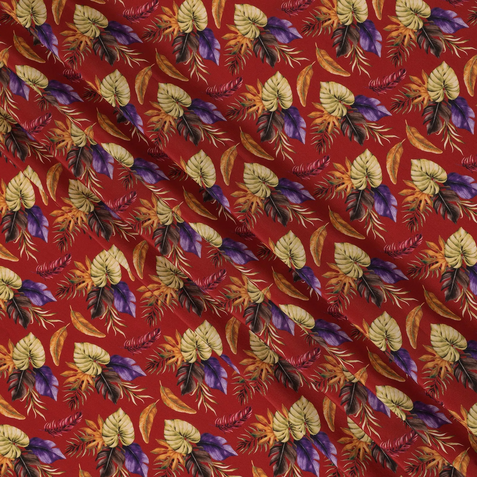 Red Viscose Fabric with Multicolor Leaf Digital Print, 110 cm Width-D20640