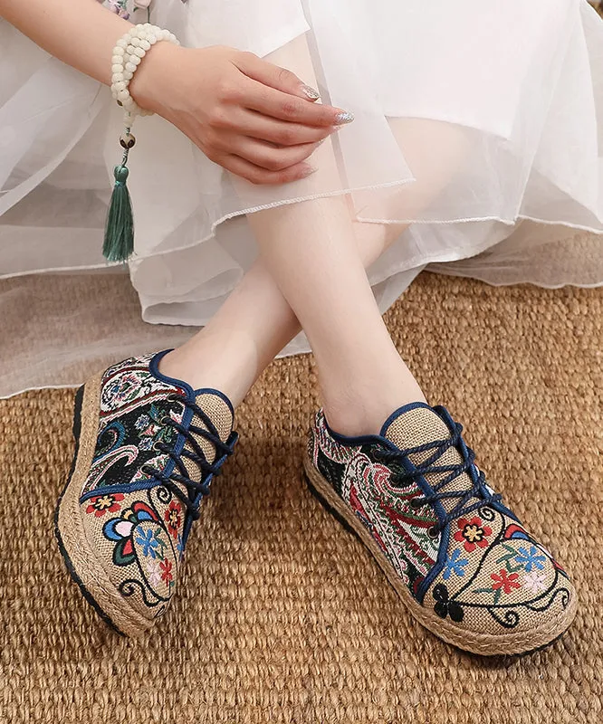 Retro Ethnic Style Embroidered Lace Up Linen Flat Shoes XC1041