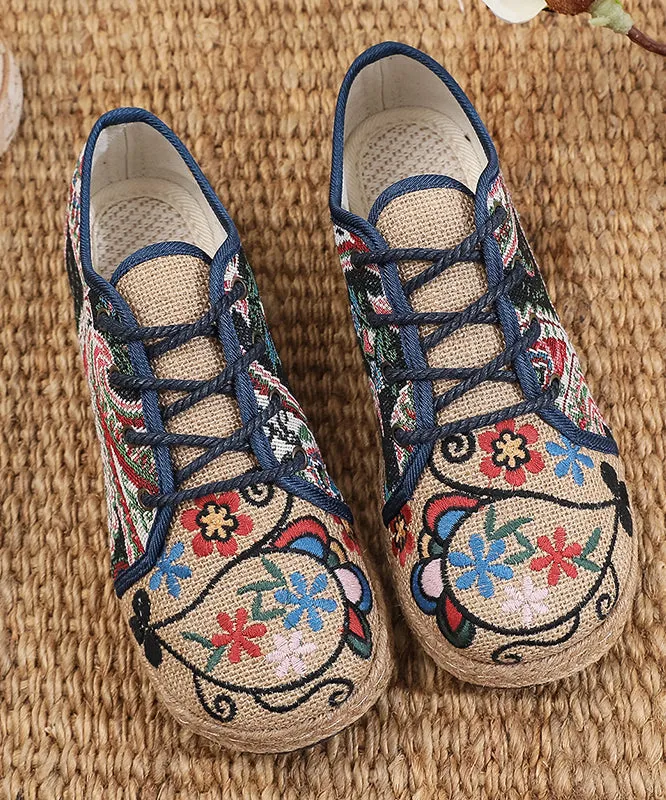 Retro Ethnic Style Embroidered Lace Up Linen Flat Shoes XC1041