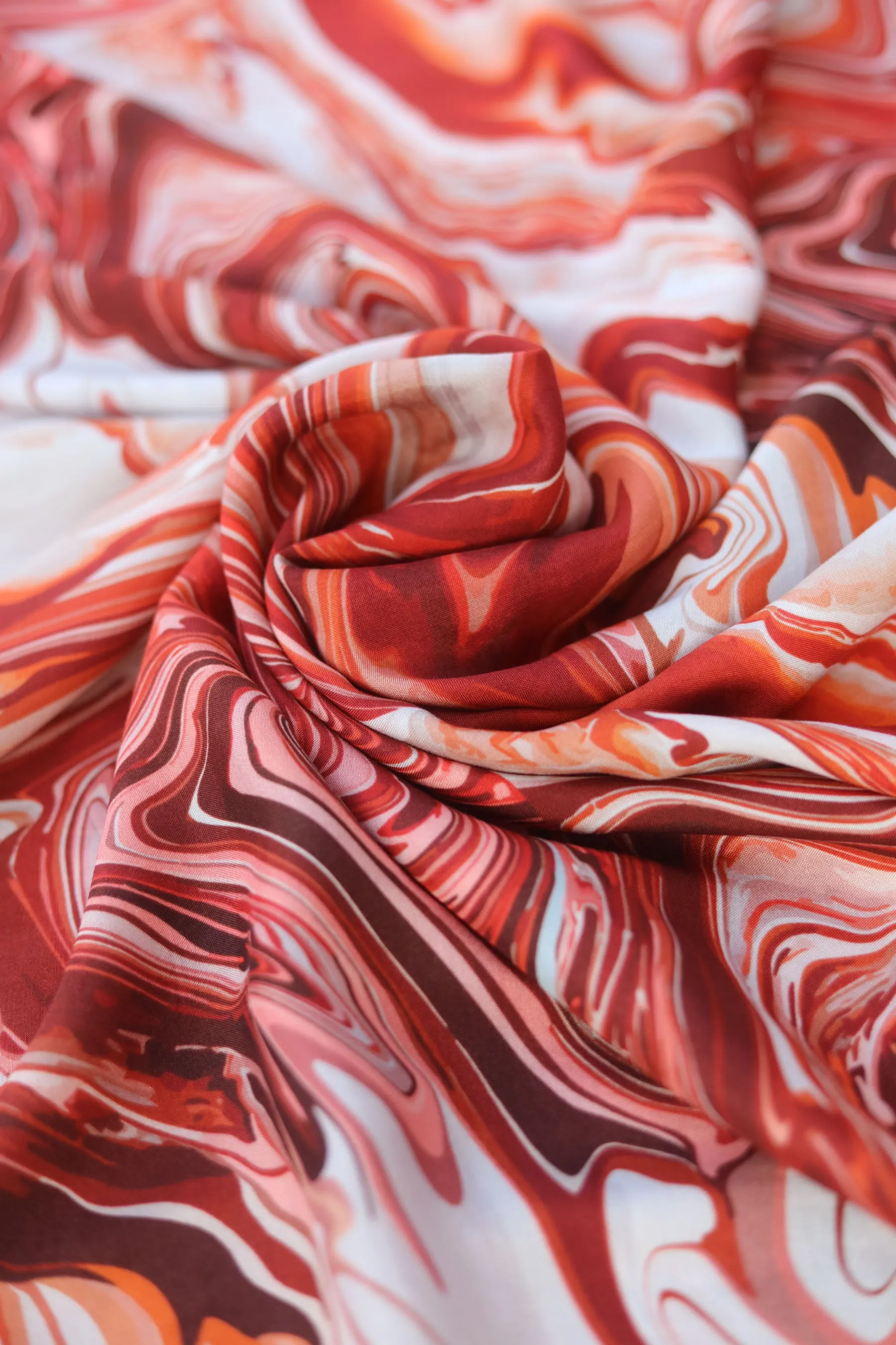 Rust Orange Marble Printed Natural Muslin Silk Fabric