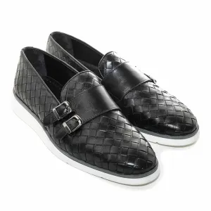 SIGOTTO UOMO Woven Double Buckle Black Soft Leather Casual Shoes