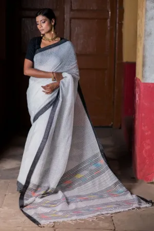 Soft & Graceful. Pure Handwoven Resham Cotton Saree (With Blouse Piece) - White & Black