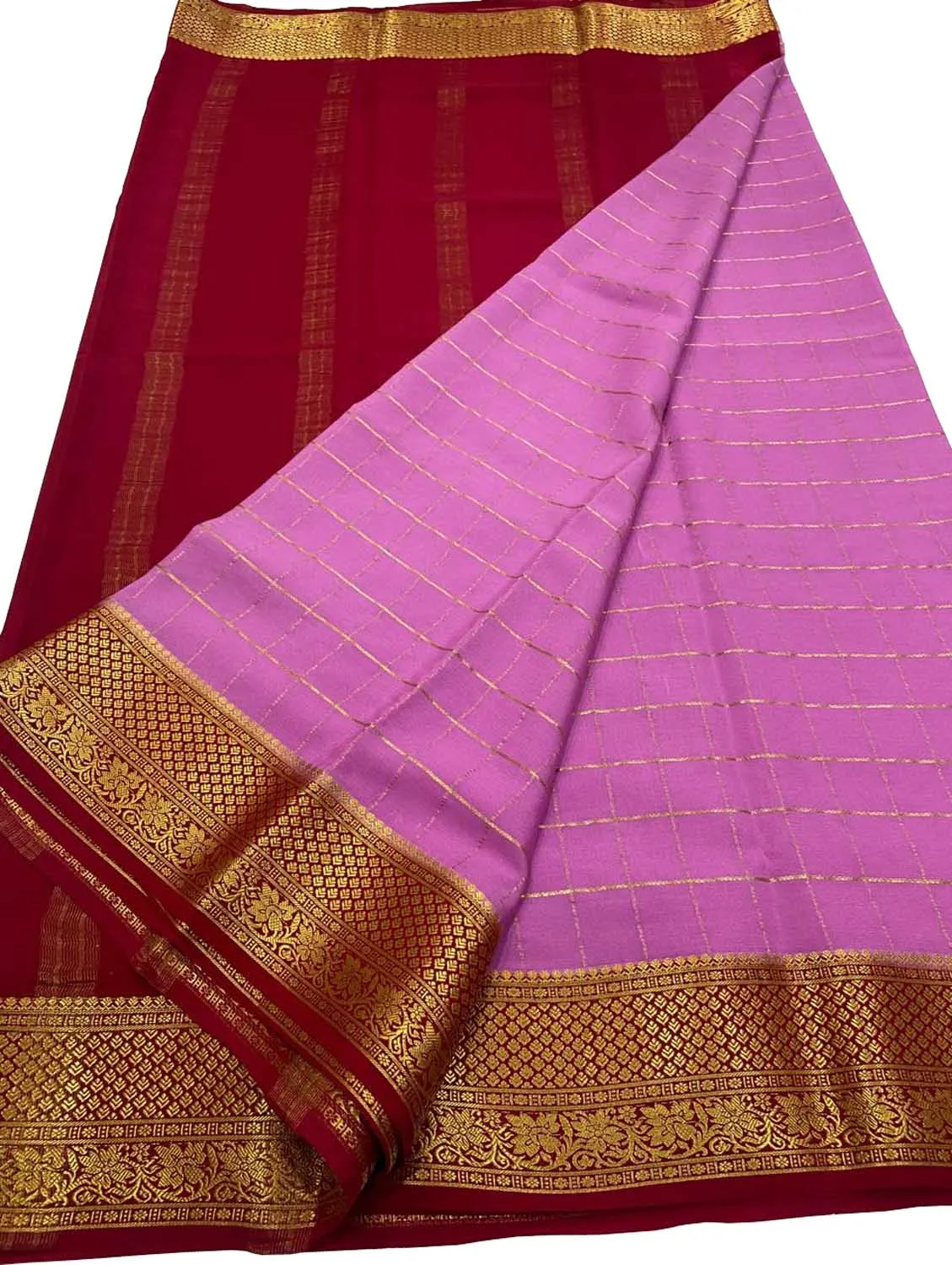 Stunning Pink & Red Mysore Handloom Crepe Silk Saree