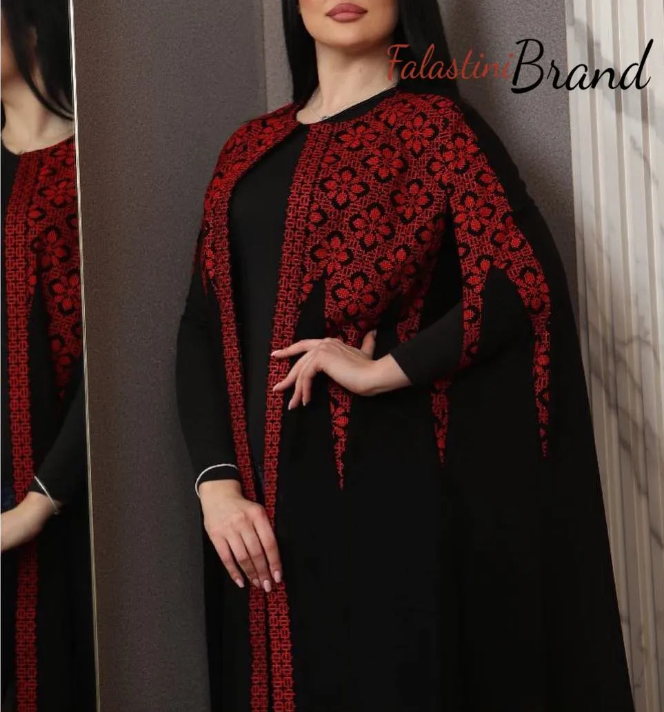 Stylish Long Black and Red Palestinian Embroidered Bisht