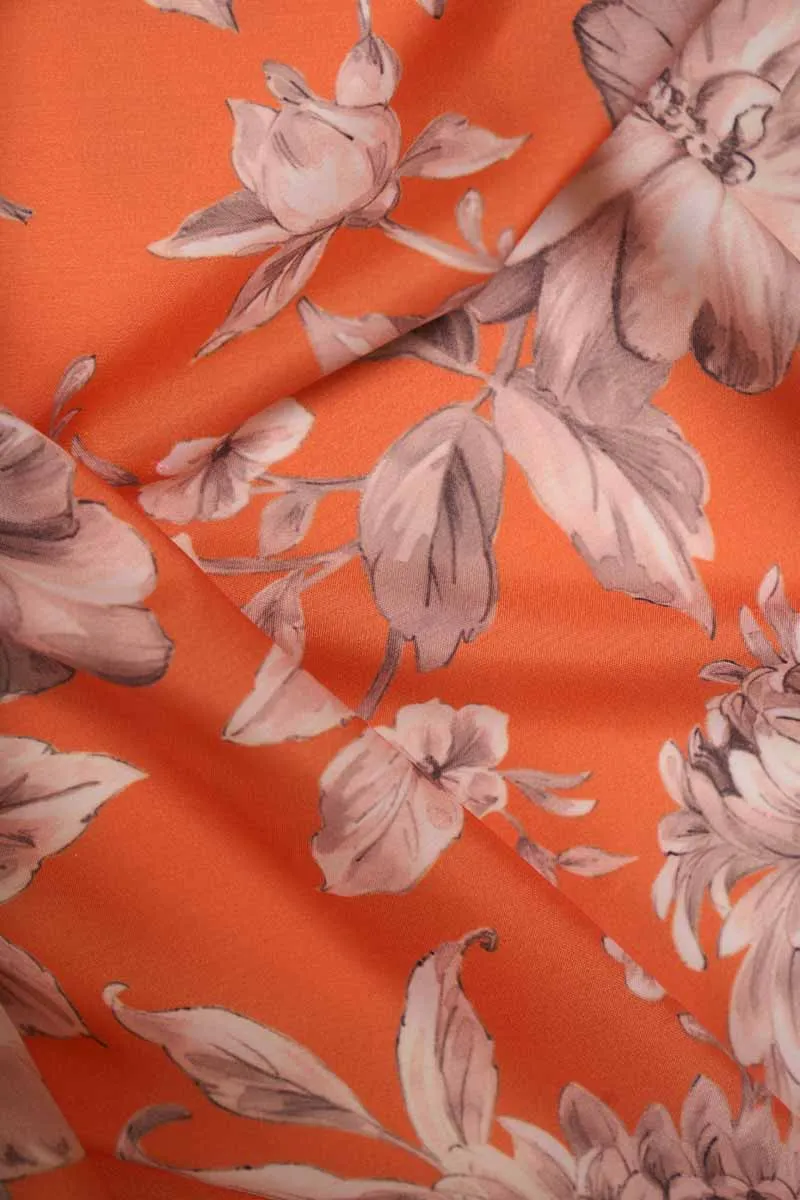 Tangerine Orange Pink Floral Pattern Printed Muslin Fabric