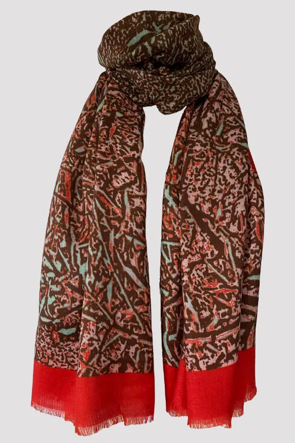 Textured Branch Red Wool Silk Scarf