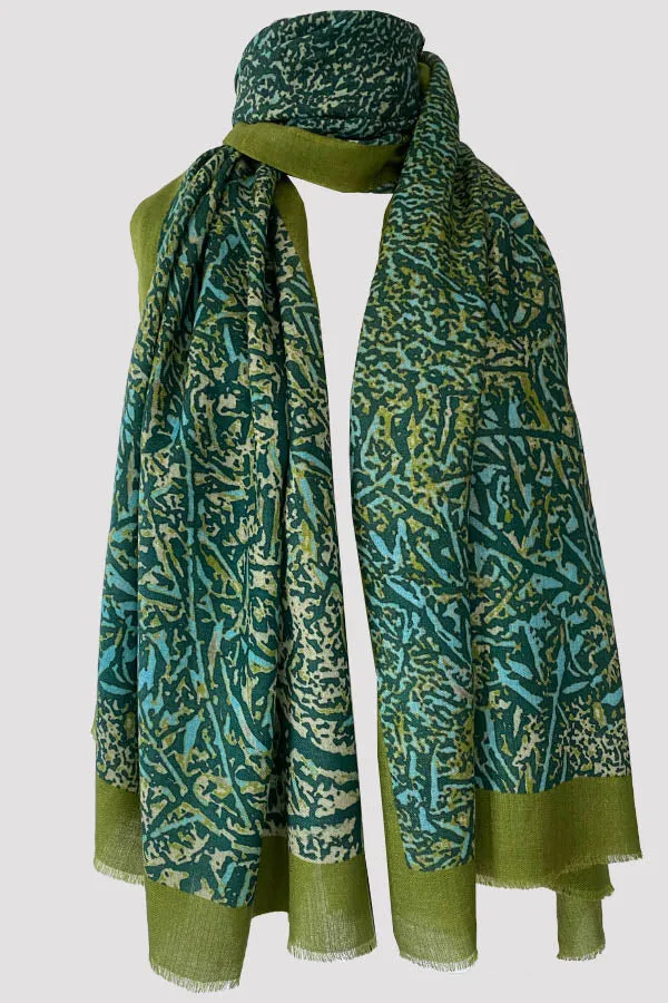 Textured Branch Teal Wool Silk Scarf