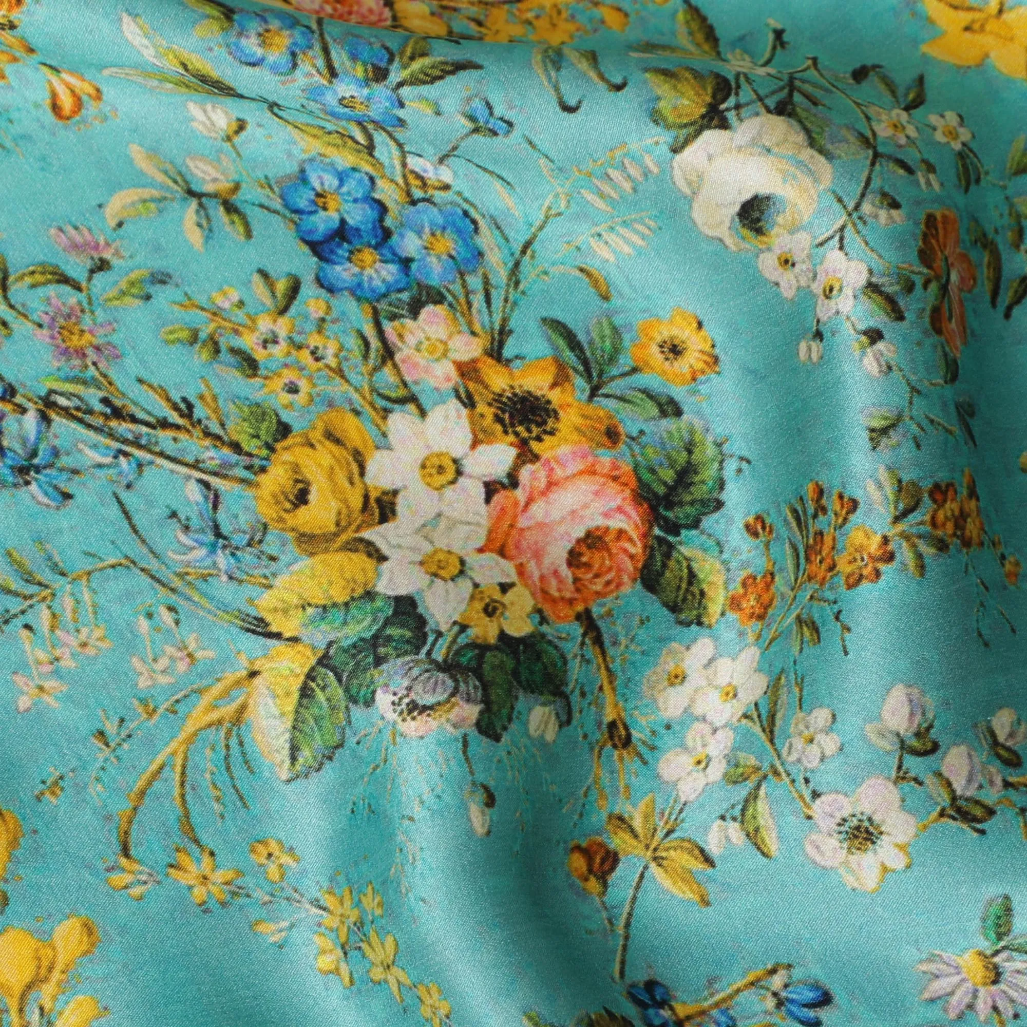 Turquoise Floral Silk Satin Fabric with Mirror Work - 110 cm Width-D20276