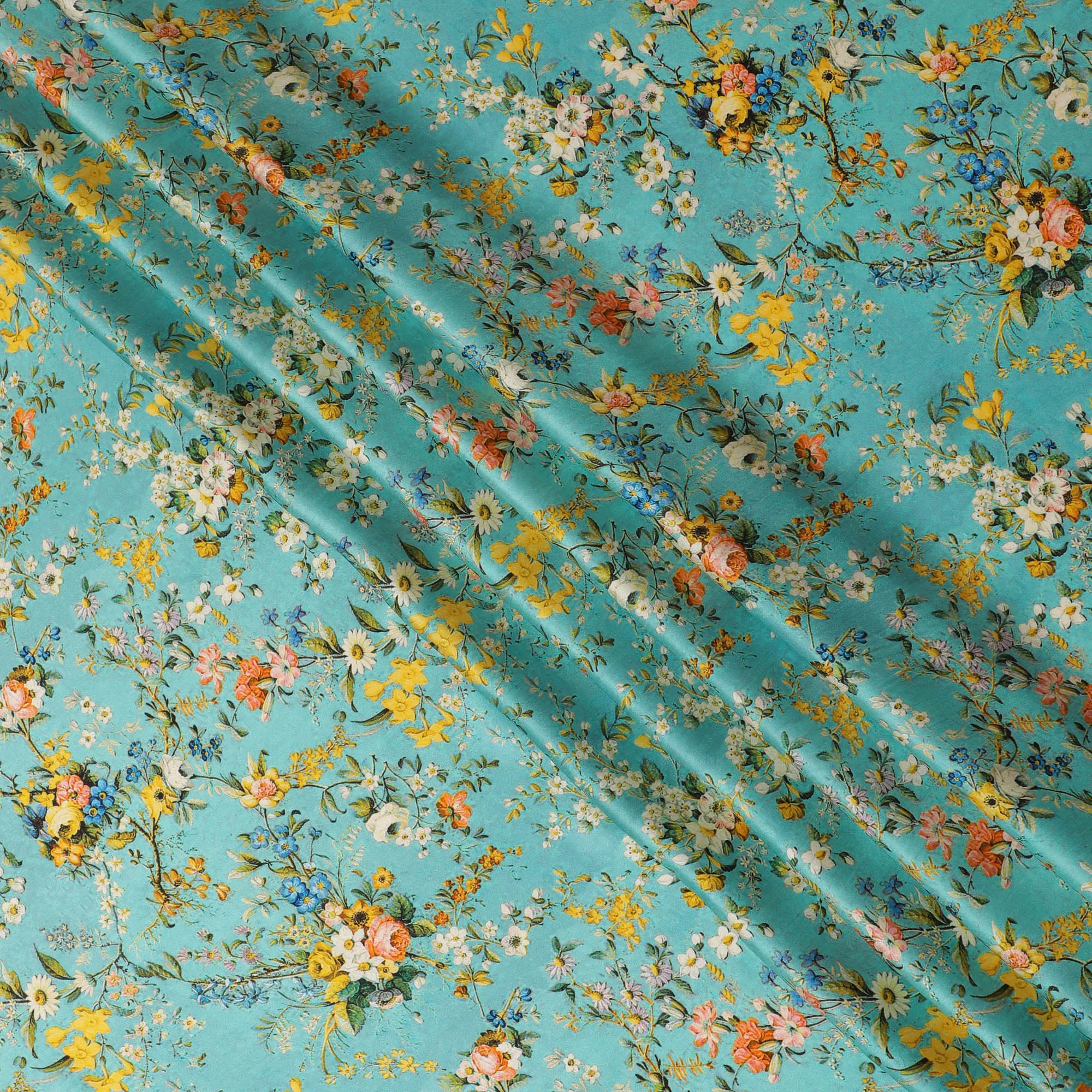 Turquoise Floral Silk Satin Fabric with Mirror Work - 110 cm Width-D20276