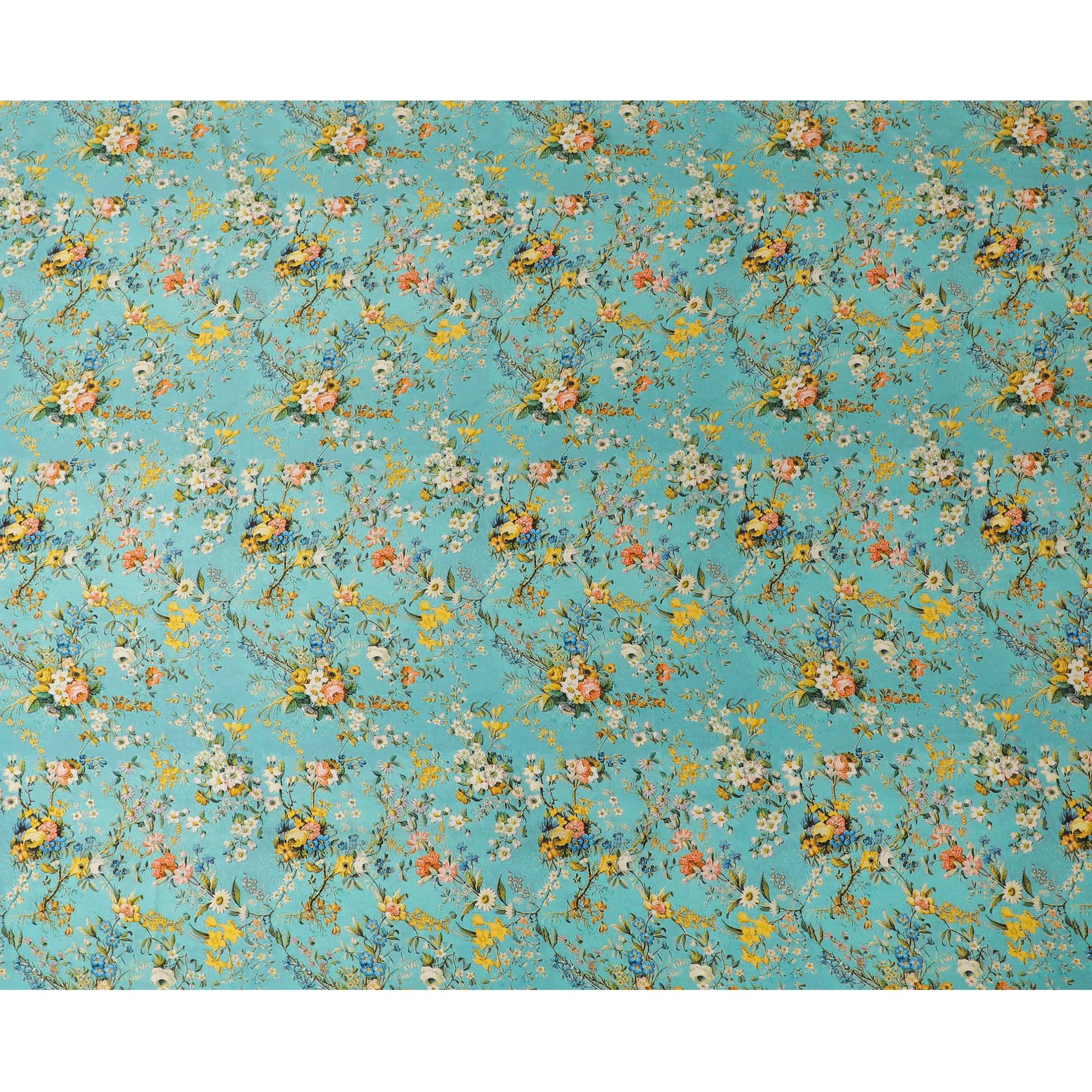 Turquoise Floral Silk Satin Fabric with Mirror Work - 110 cm Width-D20276