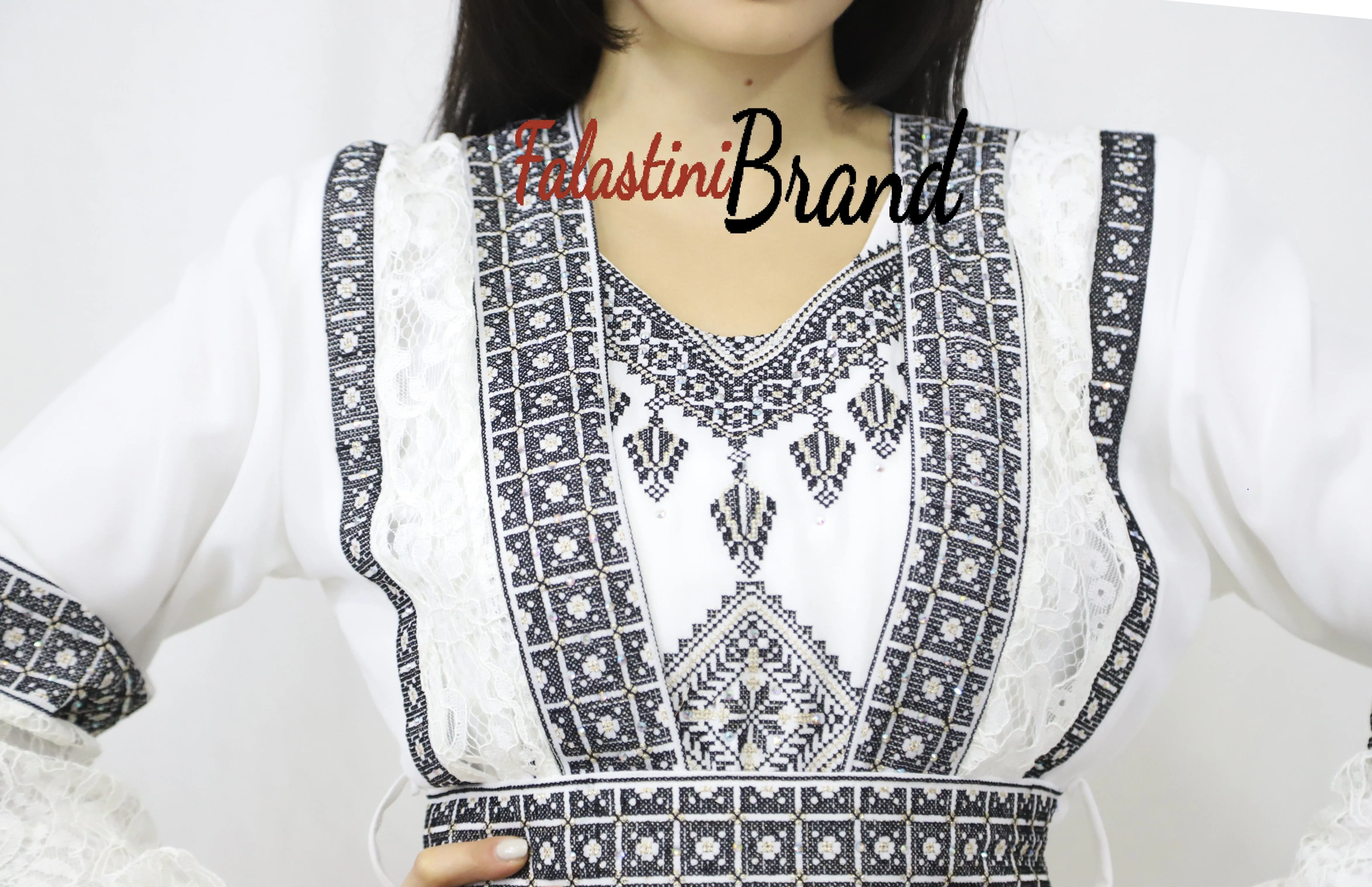 Two Pieces Amazing White And Black Palestinian Embroidered Dress