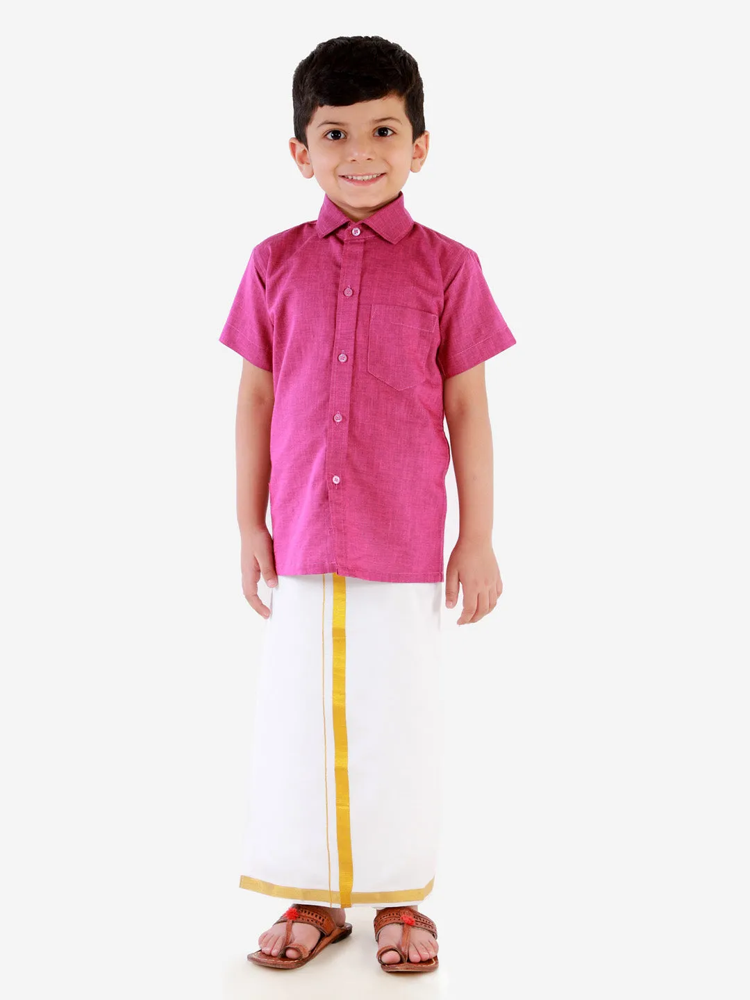 Vastramay Boy's Purple Shirt with White Mundu