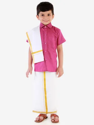 Vastramay Boy's Purple Shirt with White Mundu